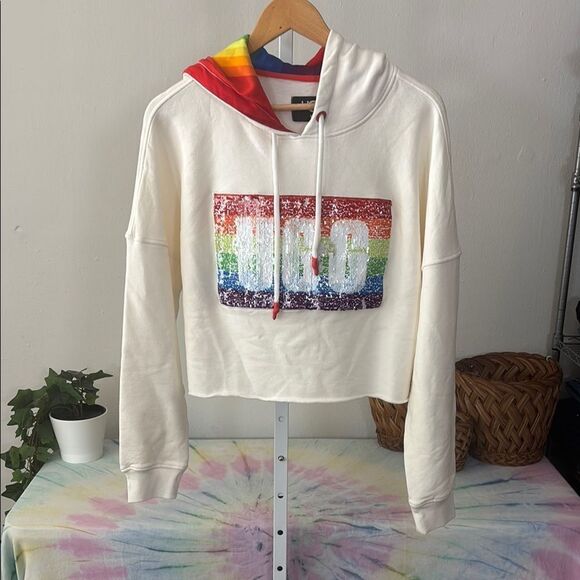 UGG PRIDE 🆕 Women's Cream Hoodie Sweater sequins rainbow 🌈 sweatshirt - Picture 4 of 10